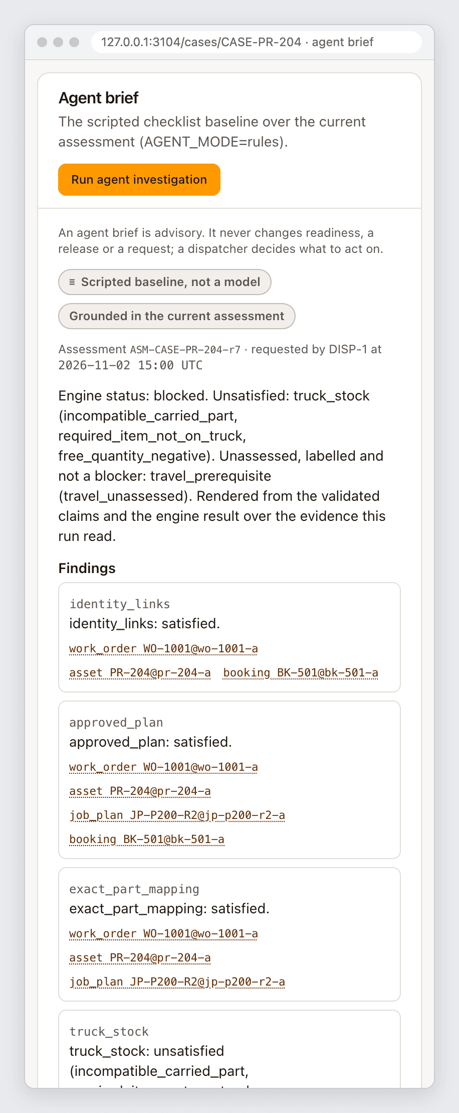 The advisory panel labels its output as a scripted baseline and shows findings with source citations.