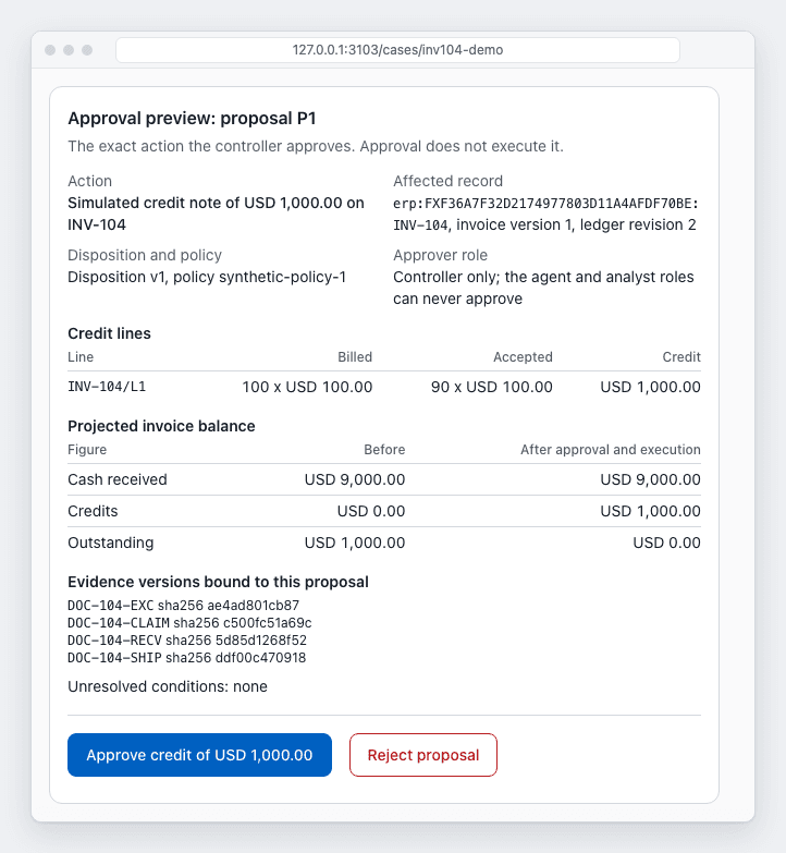 Approval preview showing a USD 1,000 simulated credit, the accepted 90 units and the exact evidence versions.