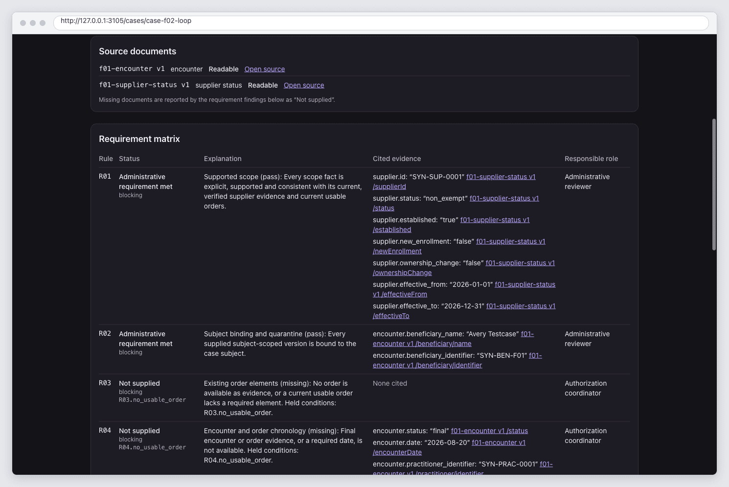 Synthetic case evidence showing a missing finalized order and citations for available records.