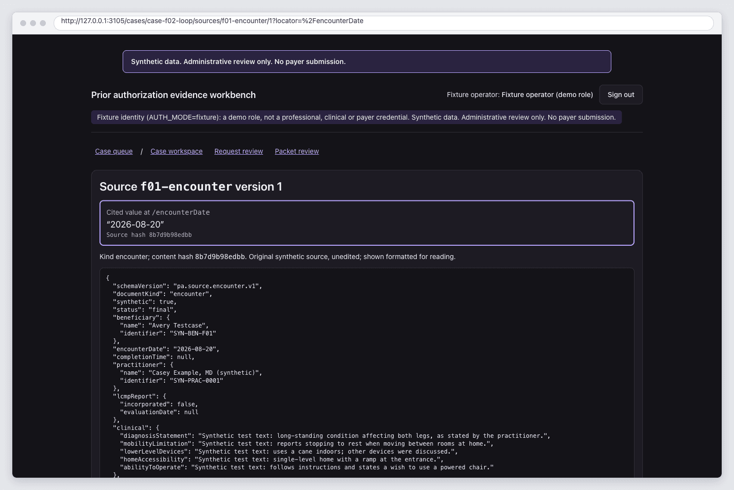 Exact encounter-date citation above its unedited synthetic JSON source and content hash.