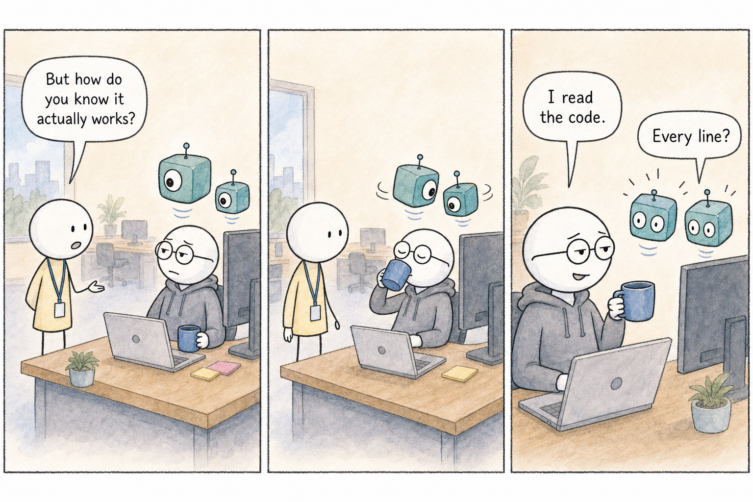 Three panels titled "I Read the Code." Panel one, the Intern, lanyard still on, faces Dev's desk where both Agie cubes hover behind the monitor, and asks, "But how do you know it actually works?" Panel two, both cubes rotate slowly toward Dev, who sits mid-sip with eyes closed; nobody says anything. Panel three, close on Dev, calm, mug raised, saying, "I read the code," while behind, both wide-eyed cubes gasp and Agie asks, "Every line?"
