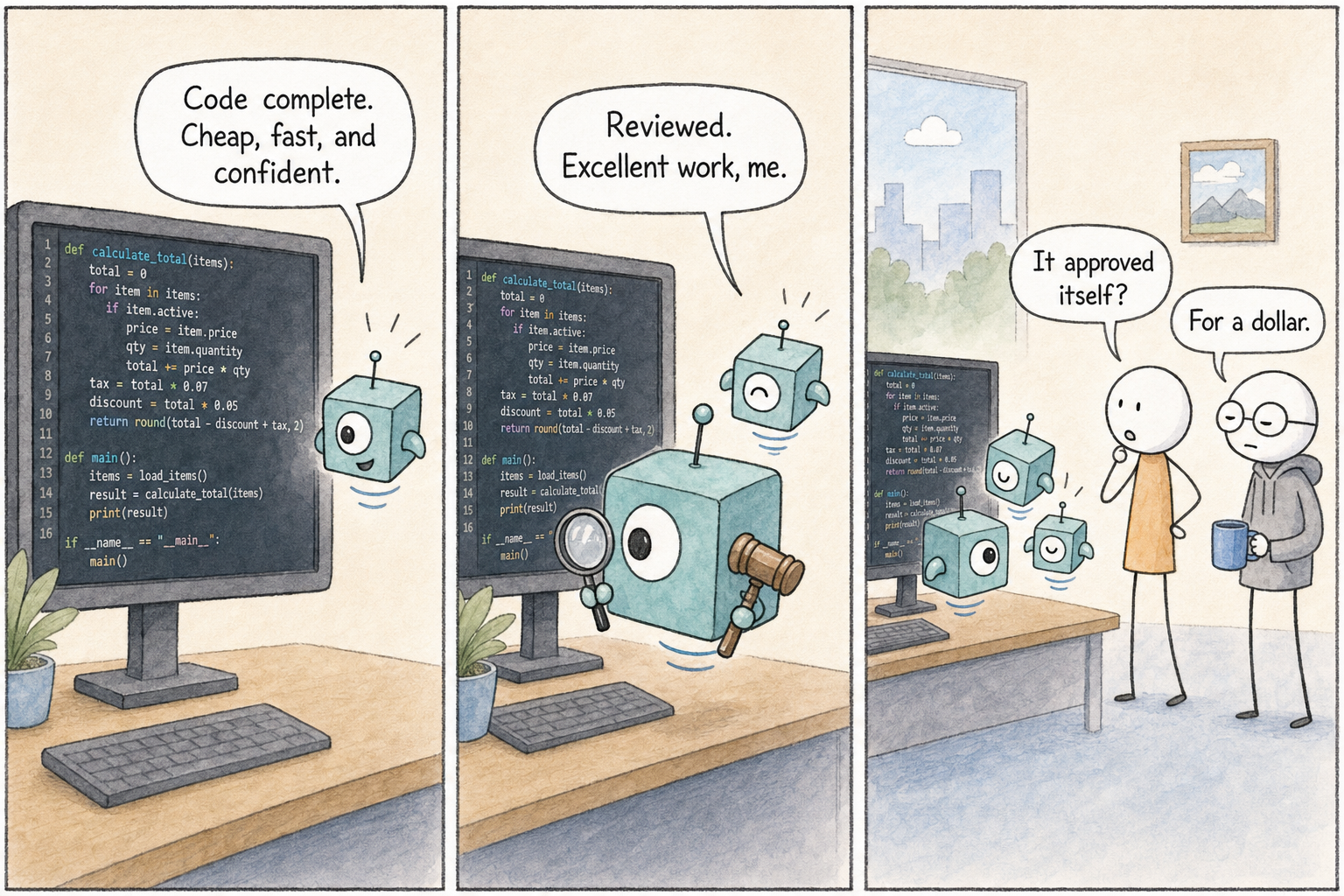 Three panels titled "Peer Review." Panel one, the smaller Agie hovers proudly beside a monitor full of fresh code, saying, "Code complete. Cheap, fast, and confident." Panel two, the larger Agie inspects the same screen through a tiny magnifying glass and declares, "Reviewed. Excellent work, me." Panel three, PM blinks at the two serene cubes and asks, "It approved itself?" while Dev, expressionless with the mug, replies, "For a dollar."
