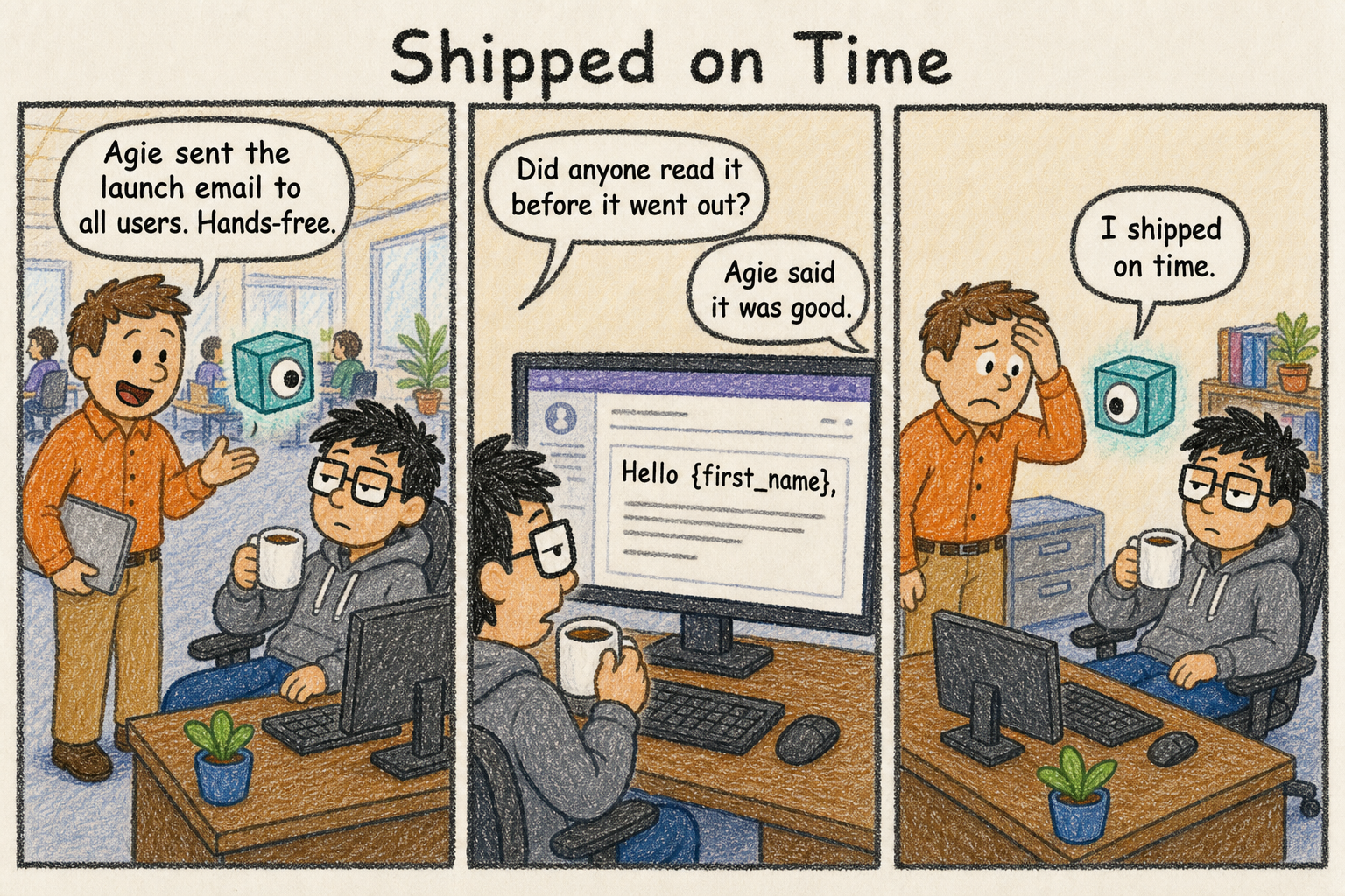 Shipped on Time: a comic in which PM proudly tells Dev that Agie sent the launch email to all users hands-free, the second panel shows the email on screen reading "Hello {first_name}," with Dev asking "Did anyone read it before it went out?" and PM saying "Agie said it was good," and the final panel has a polite Agie character saying "I shipped on time."